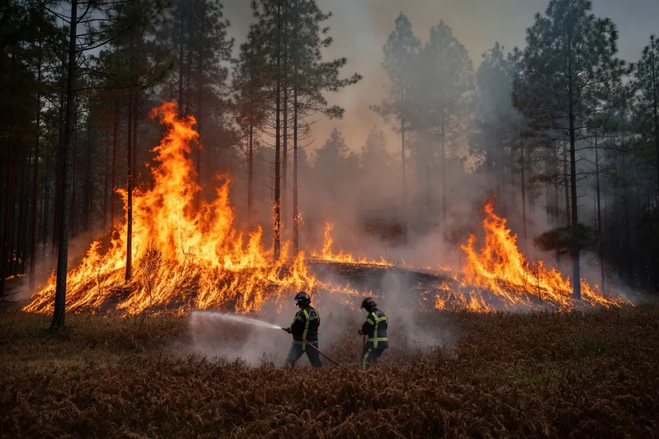 Brandweerlieden bestrijden een natuurbrand in een bosgebied