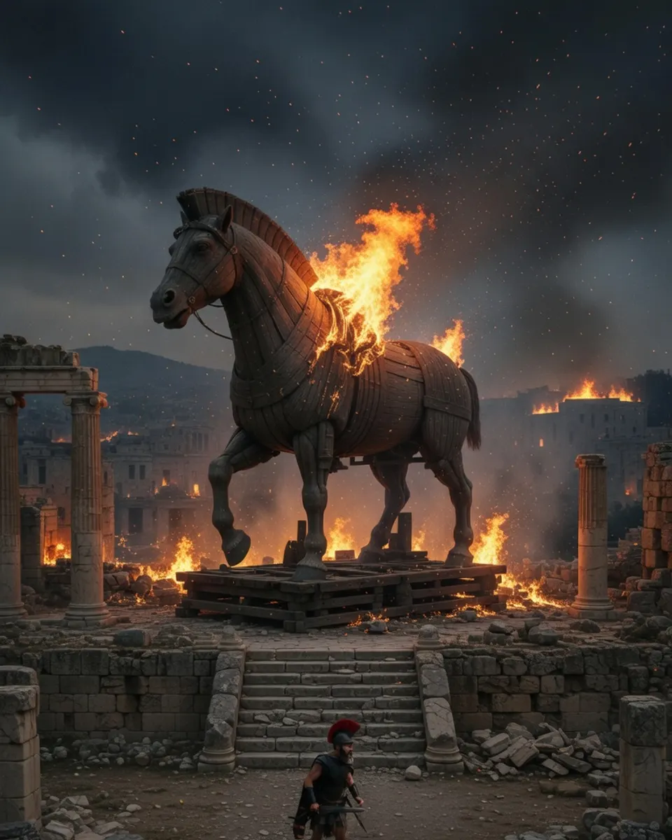 Een brandend houten paard in een verwoeste stad, een verwijzing naar het Griekse epos The Odyssey
