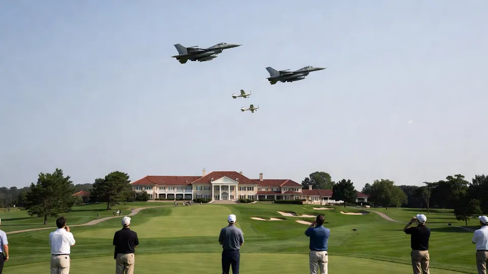 Twee F-16's vliegen boven de Trump National Golf Club in Bedminster tijdens een golftoernooi