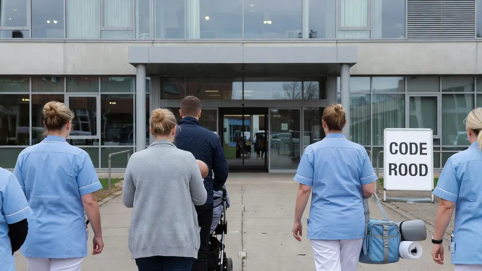 Kraamverzorgenden lopen met een rolstoel en tassen een kraamcentrum binnen