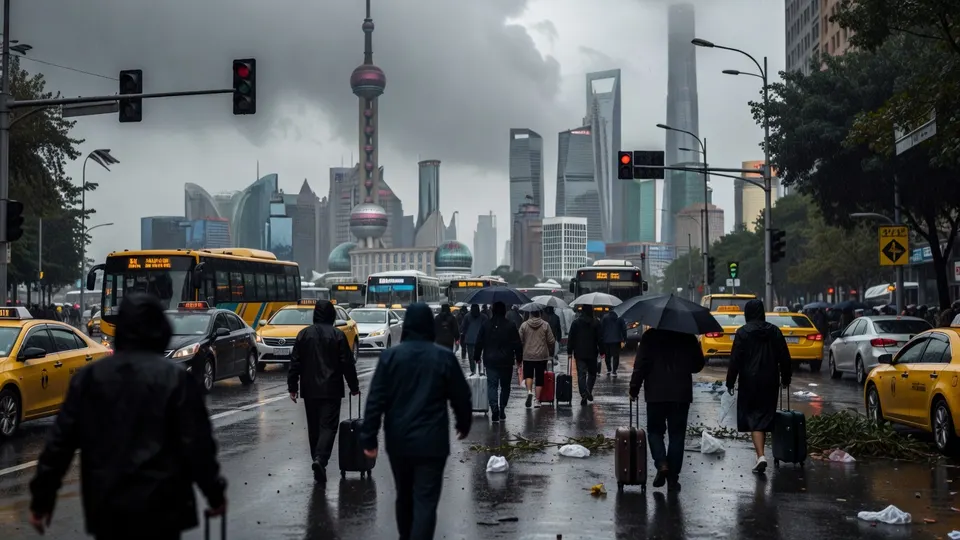 Forse regen in Shanghai door tyfoon Dolphin