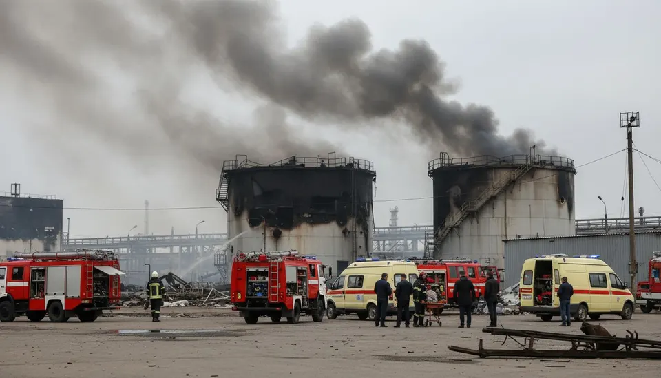 Brandweer en hulpdiensten bij een olieraffinaderij in Nizjnekamsk na een gemelde droneaanval