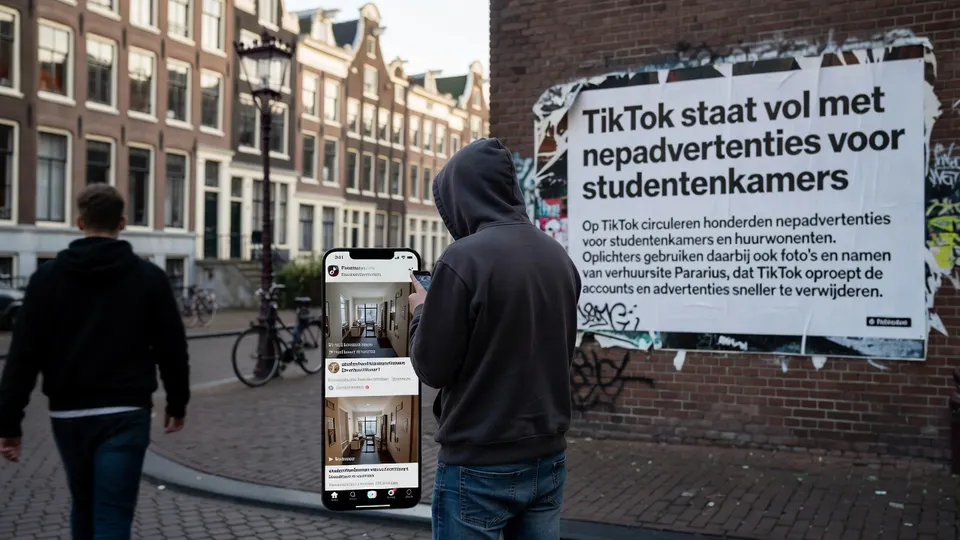 TikTok-advertenties voor studentenkamers naast een waarschuwing voor nepadvertenties