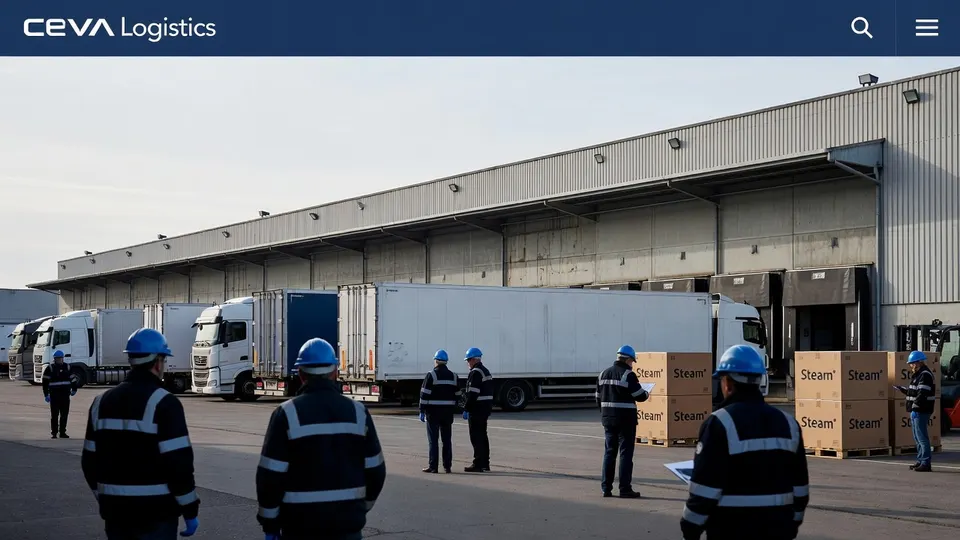 CEVA Logistics-medewerkers bij vrachtwagens en dozen van Steam in een distributiecentrum