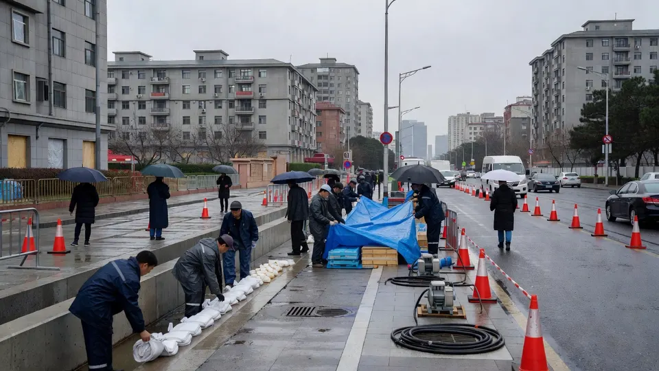 In Beijing leggen medewerkers zandzakken en afzettingen aan vanwege de verwachte zware regenval