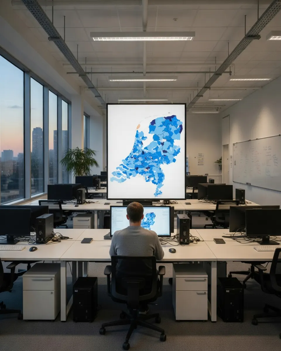 Kantoor met een kaart van Nederland, bij een analyse van stijgende huizenprijzen