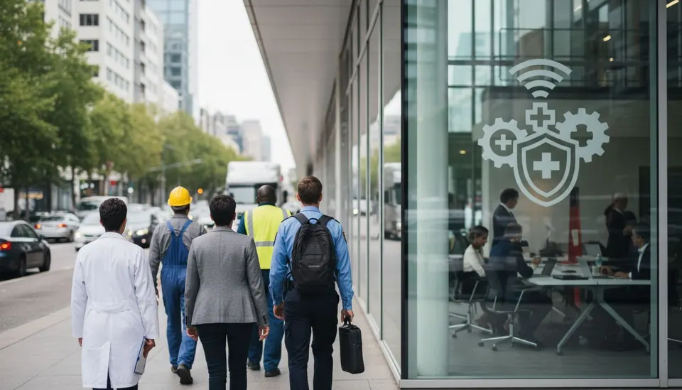 Zorgprofessionals lopen langs een kantoorgebouw, waar een zorgsymbool op de ruit staat