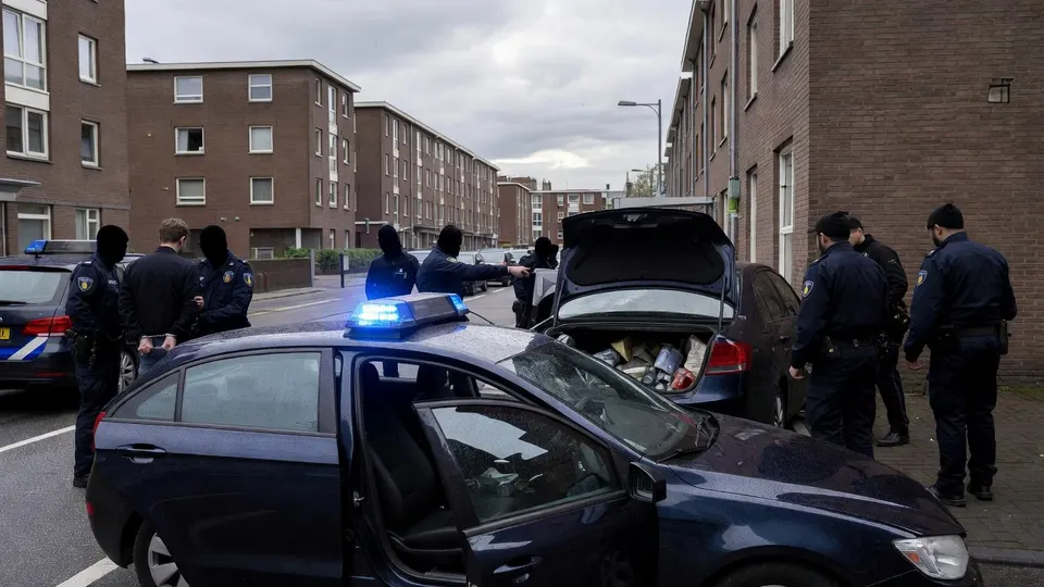 Agenten onderzoeken de auto met explosieven na de crash in de Amsterdamse wijk Osdorp