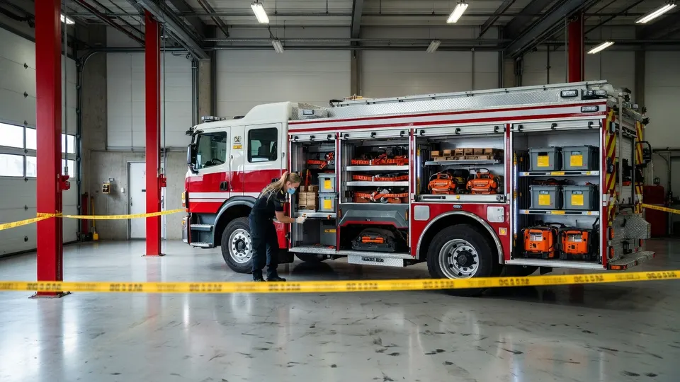 Brandweerwagen met specialistisch redgereedschap in een kazerne
