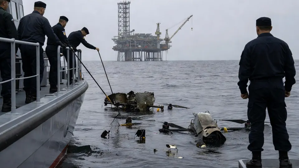 Roemeense marine toont wrakstukken van twee Russische Gerbera-drones bij booreiland Neptun Deep