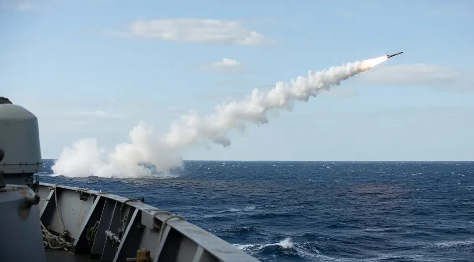 Een raket wordt vanaf een marineschip boven zee gelanceerd