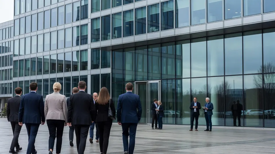 Werknemers lopen het hoofdkantoor van ABN AMRO binnen