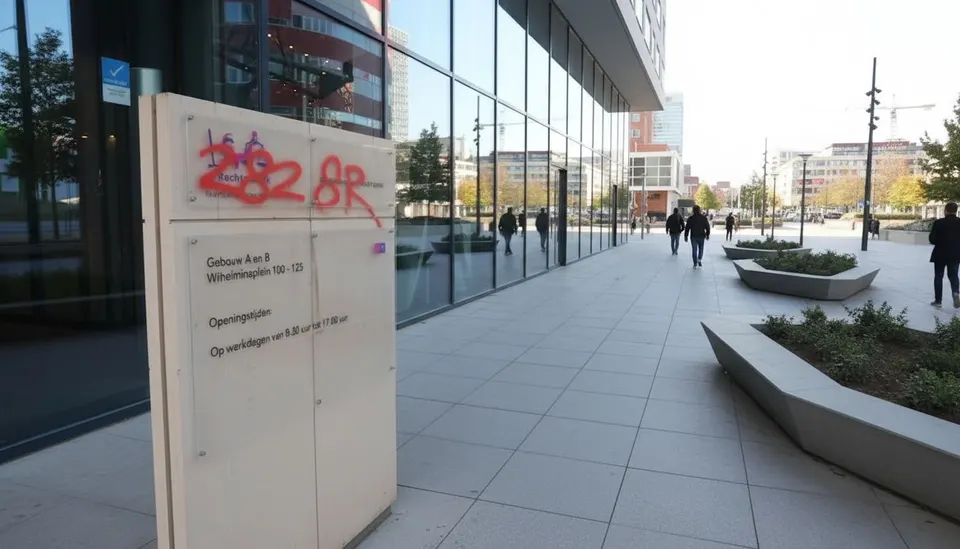 Rode verf en de tekst '282sr' op een kast bij het gerechtsgebouw in Rotterdam