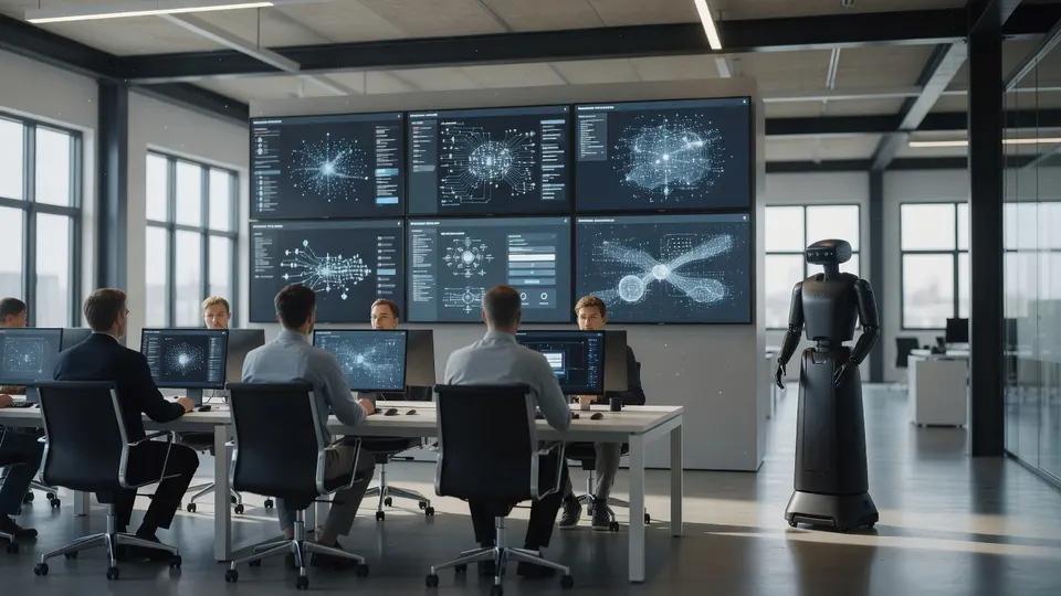 Medewerkers werken achter computers terwijl een humanoïde robot in een kantoorruimte staat