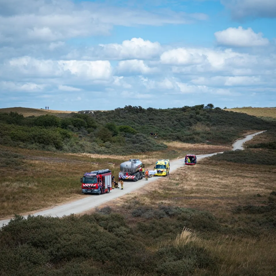 Brandweervoertuigen op weg door de duinen bij Ouddorp tijdens de bestrijding van een duinbrand