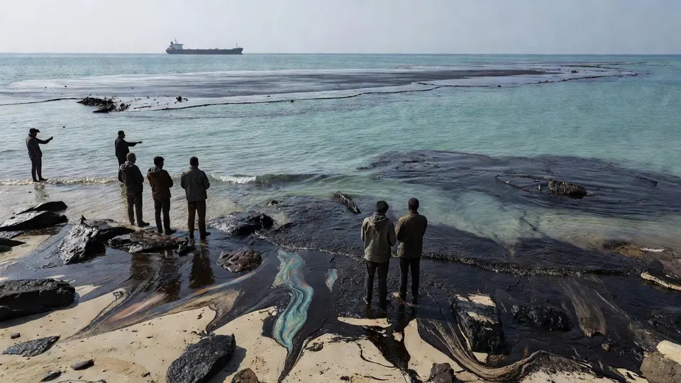 Olie uit de gestrande tanker Caroline Bezengi vervuilt de kust van Oman bij Ras Madrakah
