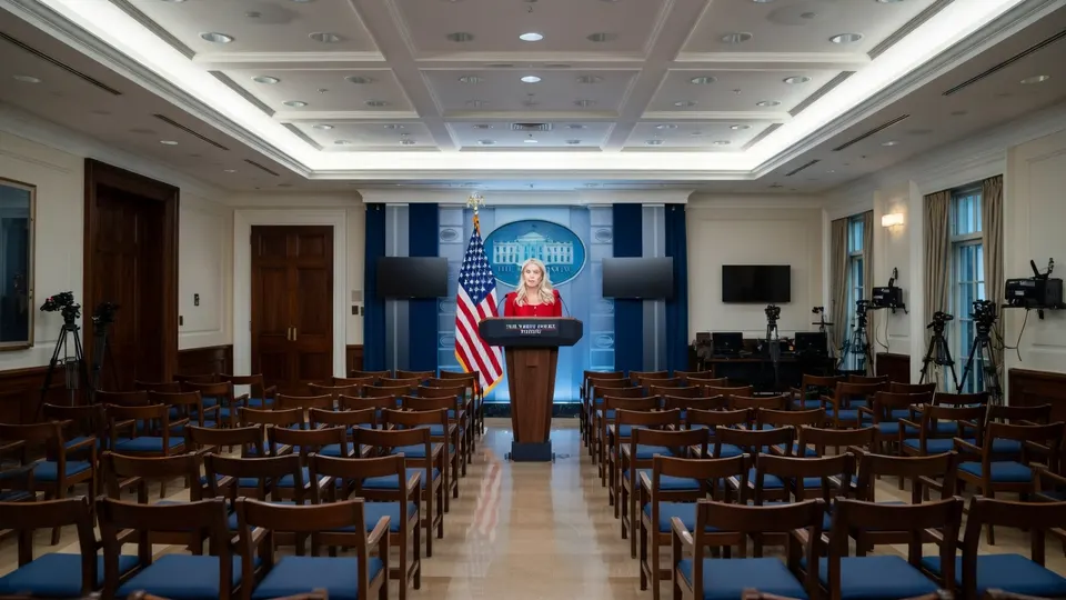 Karoline Leavitt tijdens een persbriefing in het Witte Huis