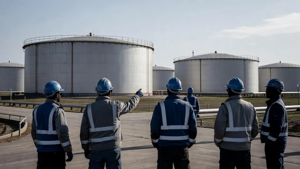 Werknemers bij grote opslagtanks voor aardgas