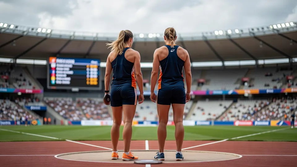 Jorinde van Klinken en Alida van Daalen staan samen in het stadion voor de EK-finale discuswerpen