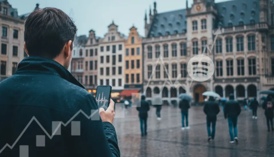 Man bekijkt Spotify op zijn telefoon op een plein