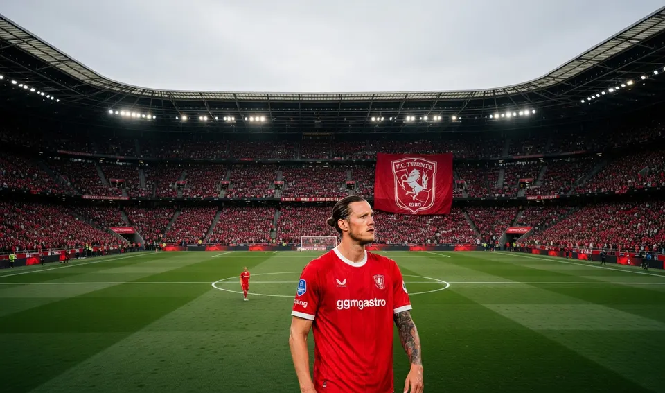 Een speler van FC Twente staat op het veld in een vol stadion