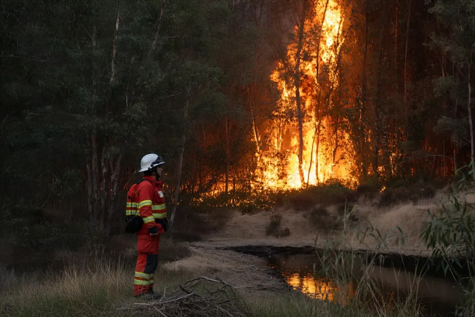 Brandweerman bij een natuurbrand in bosgebied de Remmerdense Heide bij Elst