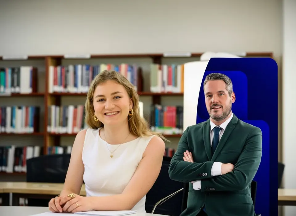 Prinses Elisabeth en koning Filip van België in een bibliotheek