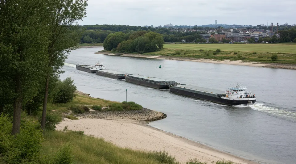 Vrachtschip vaart over de Rijn bij Lobith, waar de rivier in droge zomers steeds minder water afvoert