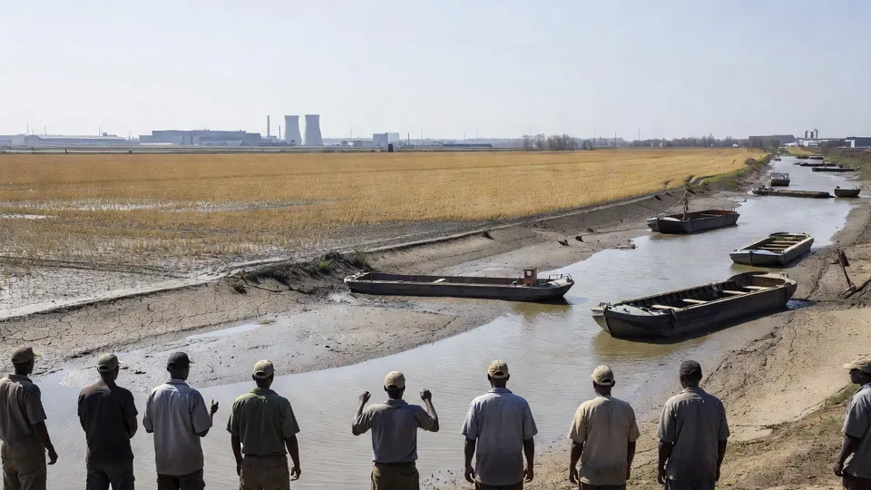 Lage waterstand door droogte legt boten in een kanaal bij landbouwgrond stil