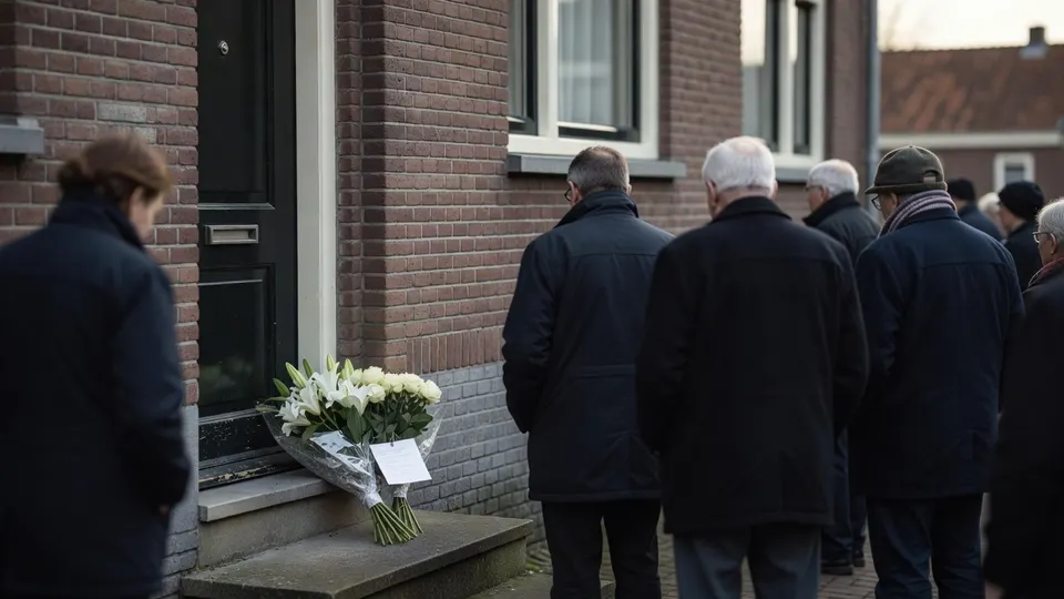 Mensen leggen bloemen bij het huis van de overleden acteur Hans Beijer