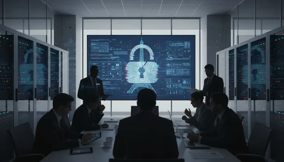 Beeld van een overleg over cyberbeveiliging in een serverruimte