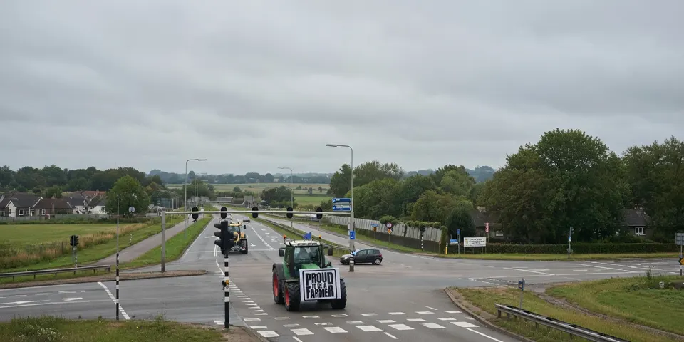 Trekkers rijden tijdens het boerenprotest in Den Bosch langs een wegblokkade