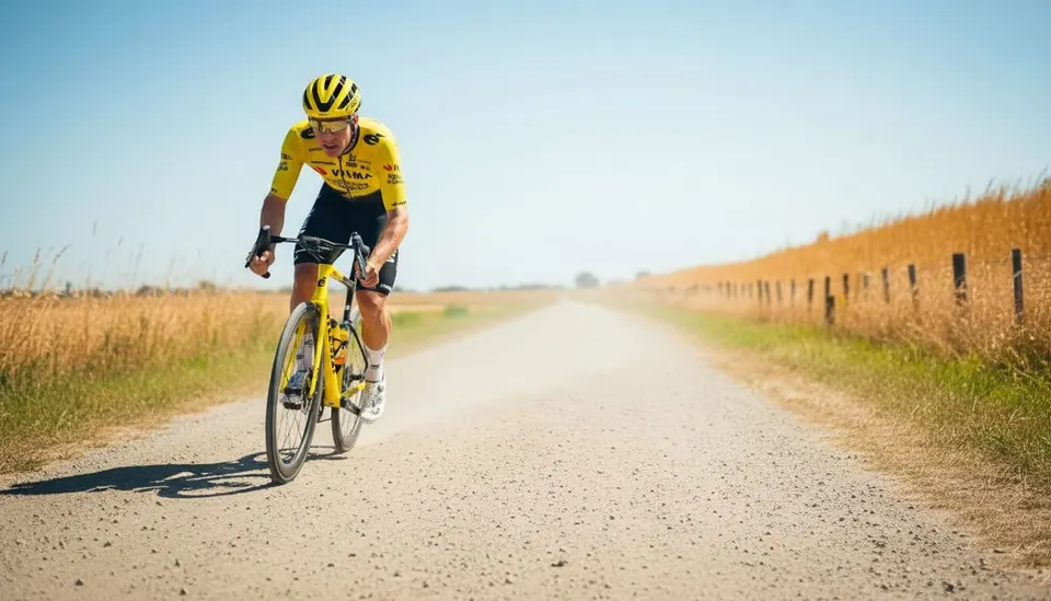 Fabio Jakobsen rijdt op een onverharde weg in het tenue van Visma Lease-a-Bike
