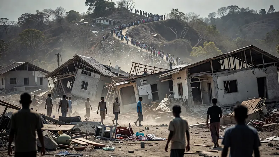 Inwoners lopen tussen ingestorte en beschadigde gebouwen op het Indonesische eiland Flores