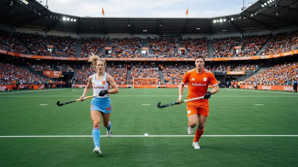 Xan de Waard en een Nederlandse hockeyer lopen het veld op in een vol stadion