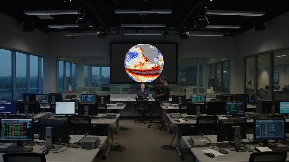 Weerkaarten en satellietbeelden van de tropische Stille Oceaan in een analysecentrum