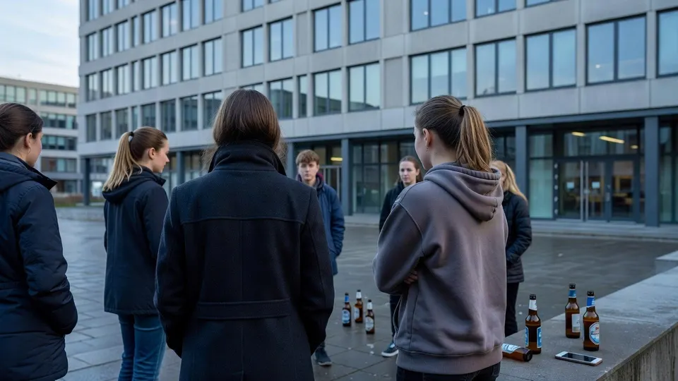 Jonge mensen bij een gebouw, met flessen alcohol op de grond