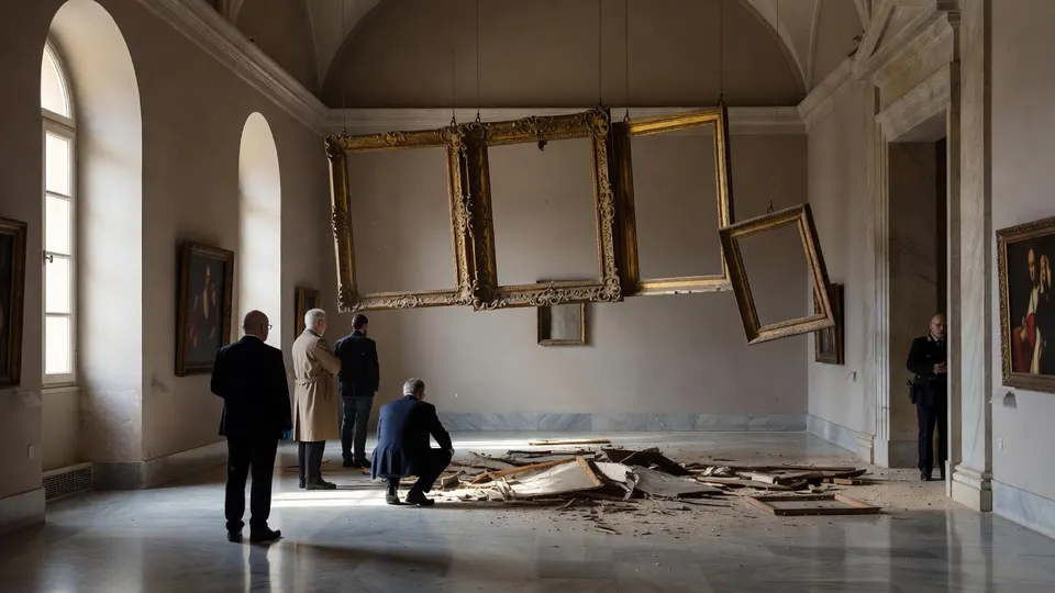 Medewerkers bekijken de lege lijsten en schade in het museum in Messina na de diefstal van vier schilderijen