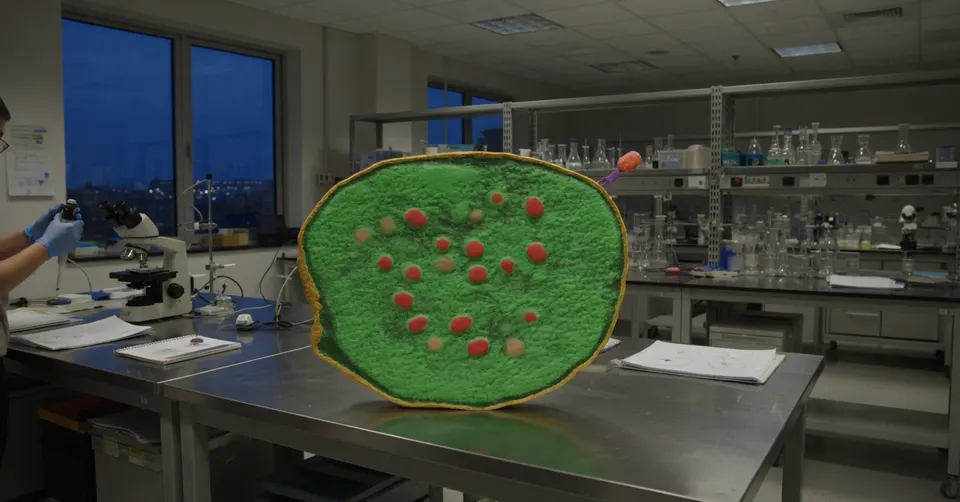 Een model van een door AI ontworpen bacteriofaag in een laboratorium