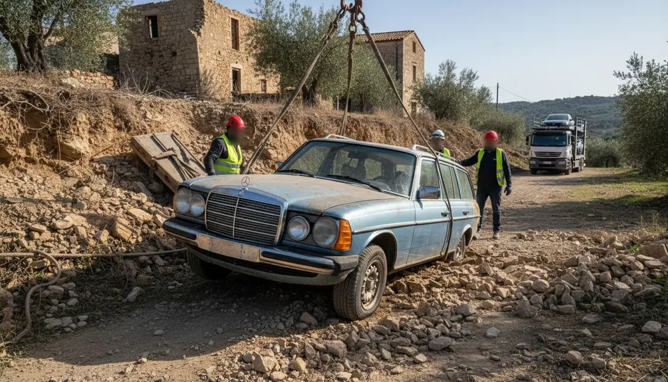 De Mercedes-Benz 280 TE komt na 38 jaar onder puin vandaan in Zuid-Italië