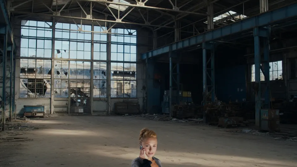 Een kind staat in een verlaten fabriekshal