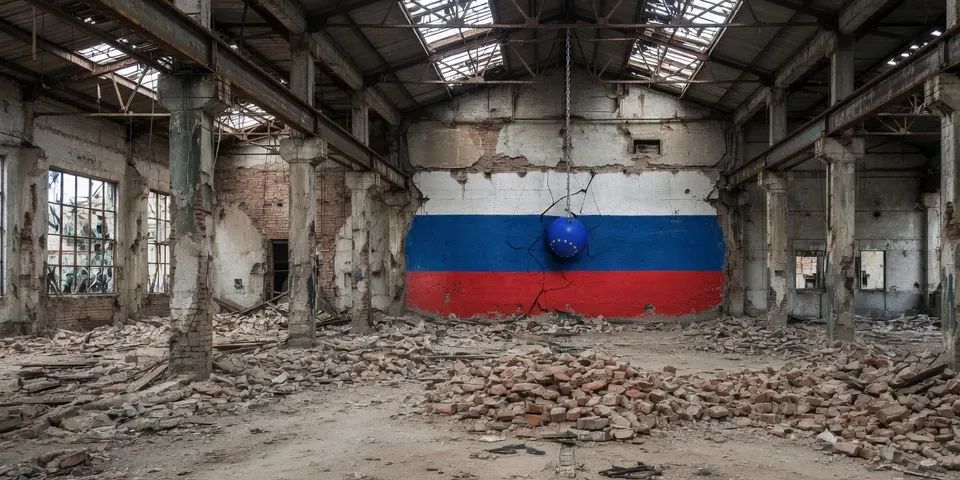 Verwoeste fabriek met Russische vlag op de muur