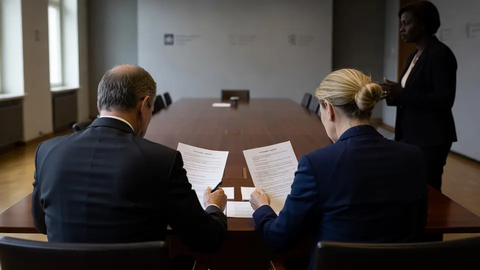Twee medewerkers vullen een vertrouwelijke Amerikaanse vragenlijst over NAVO-steun in