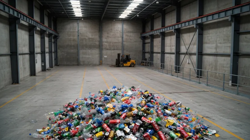 Een grote partij frisdrank- en bierblikjes zonder statiegeld ligt in een loods