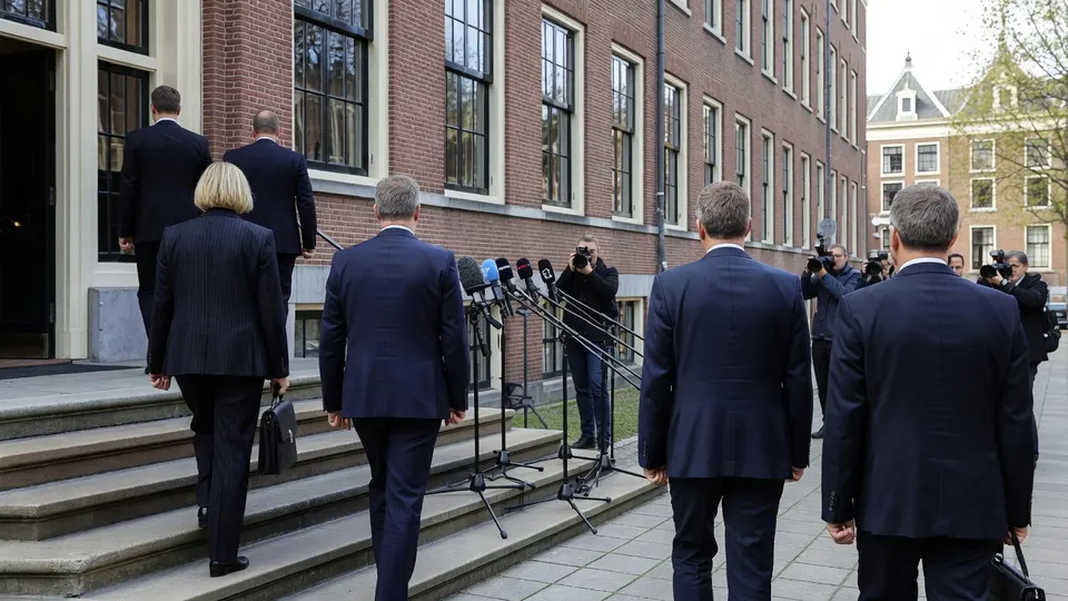 Bewindspersonen Sandra Palmen en Eelco Eerenberg lopen langs wachtende journalisten naar buiten