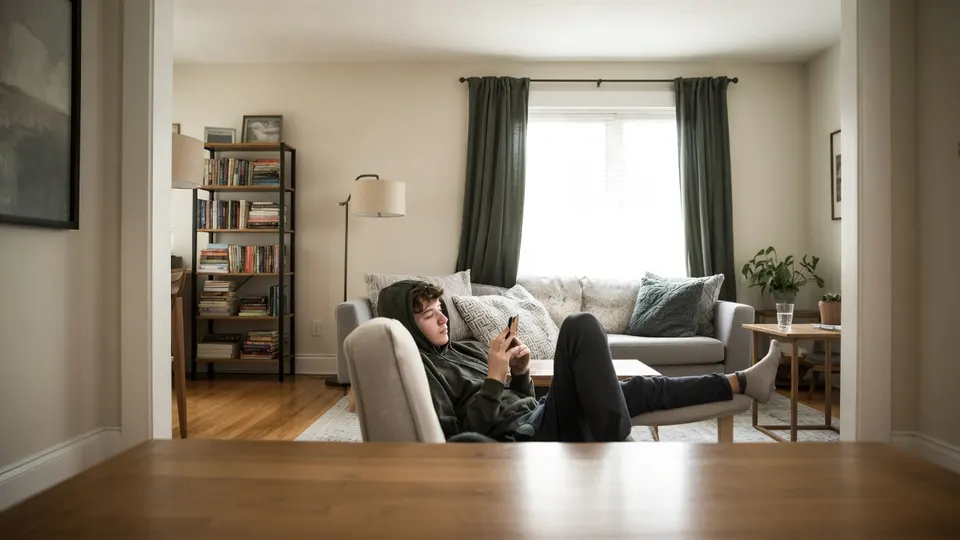 Een man gebruikt ChatGPT op zijn telefoon in een woonkamer