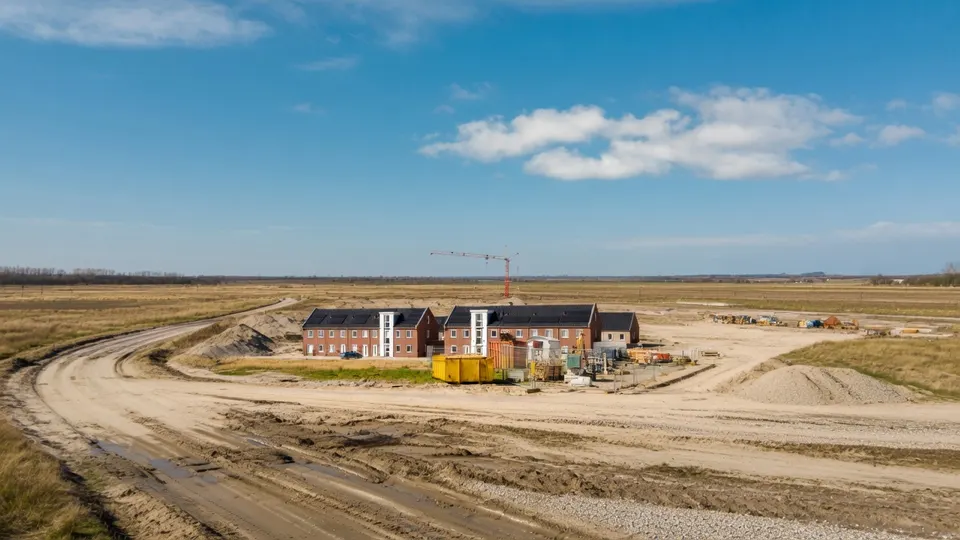Bouwterrein met nieuwbouwwoningen in aanbouw