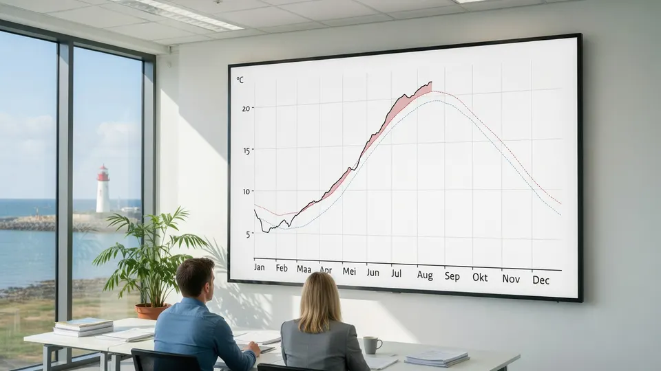 Twee mensen bekijken een grafiek over de temperatuur van de Noordzee