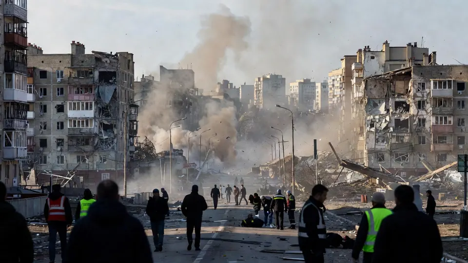 Reddingswerkers lopen door een zwaar beschadigde woonwijk in Kyiv na een Russische raketaanval