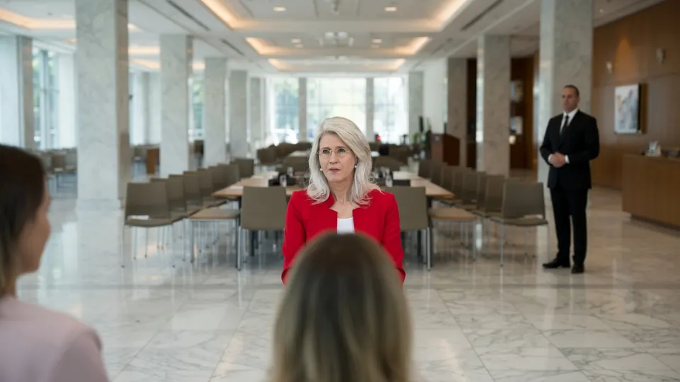 Mona Keijzer in een hotel, met een beveiliger op de achtergrond